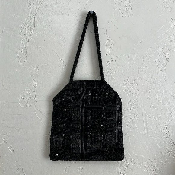 Vintage Unbranded Womens Art Deco Micro Beaded Hand Bag Black Rhinestone Accents - Picture 7 of 11